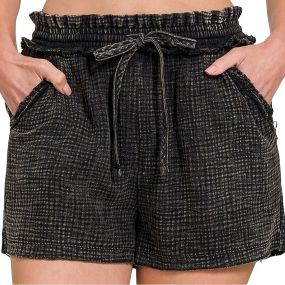 Women’s Black Mineral Wash Gauze Frayed Hem Drawstring Shorts - Picture 1 of 2